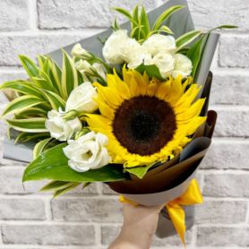 Single Sunflower Bouquet with White Eustomas
