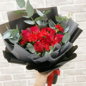 Queen of Hearts - Red Roses and Carnation Spray Bouquet