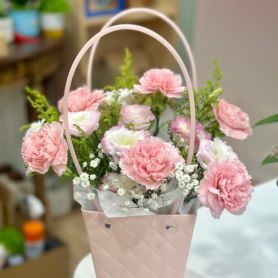 Lovely in Pink - Pink Carnations and Eustomas in Pink Bag Box