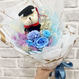 Graduation Bouquet - Preserved Blue Roses and Graduation Bear