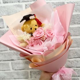 Graduation Bouquet - Preserved Pink Roses and Graduation Bear