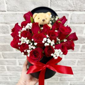 Red Roses Bloom Box with Bear